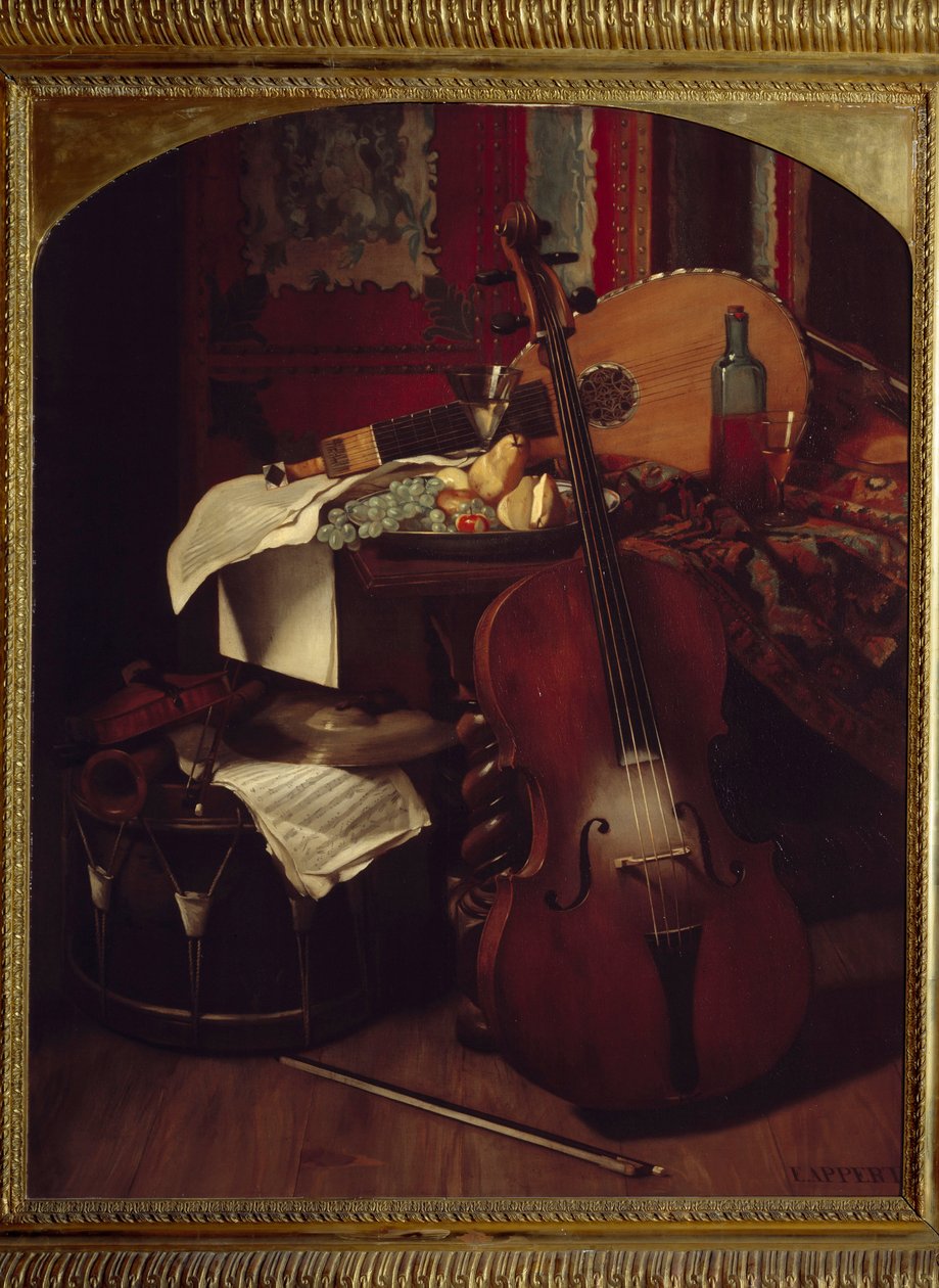 Stilleben med musikkinstrumenter. Maleri av Eugene Appert (1814 - 1867) av Eugene Appert
