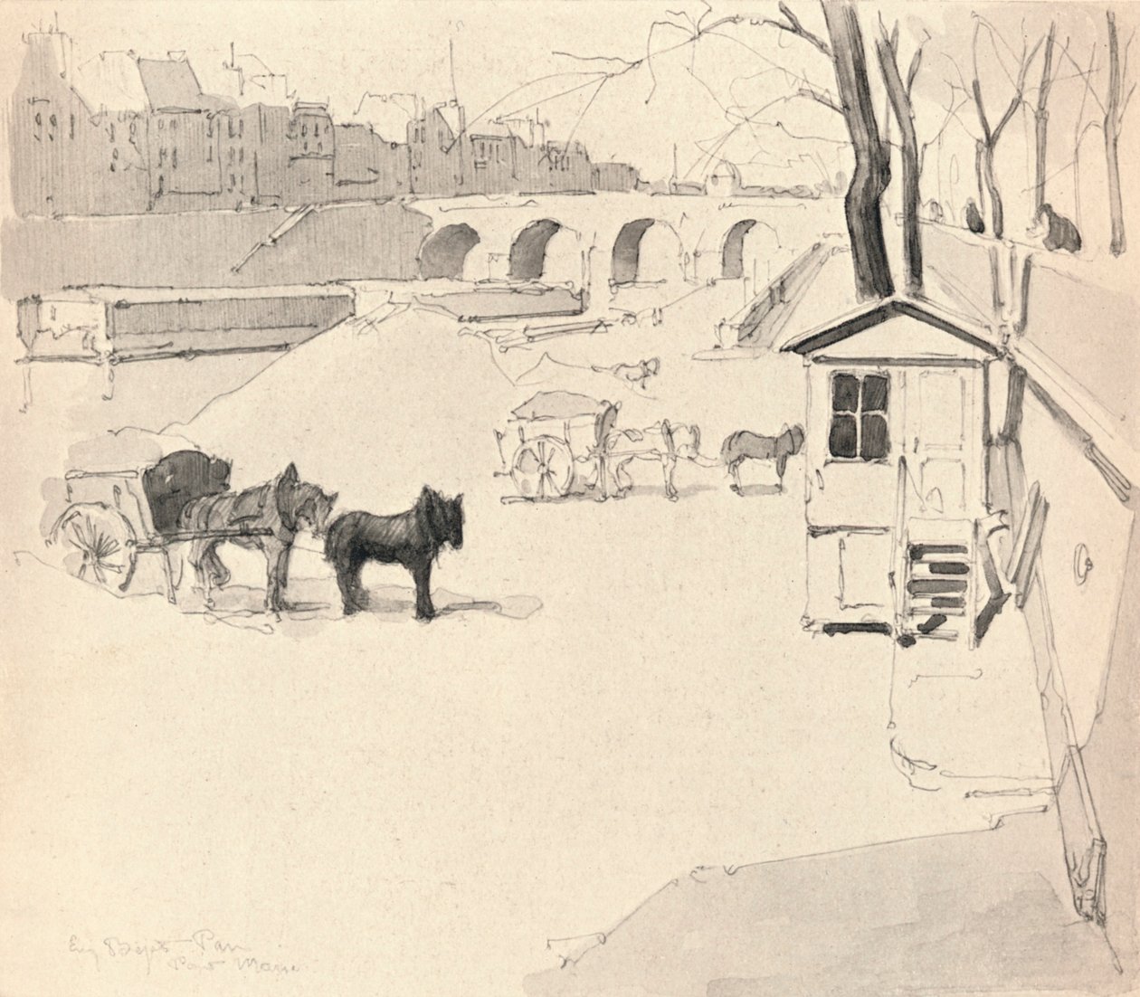 Pont Marie - Hester og vogner, 1915 av Eugene Bejot