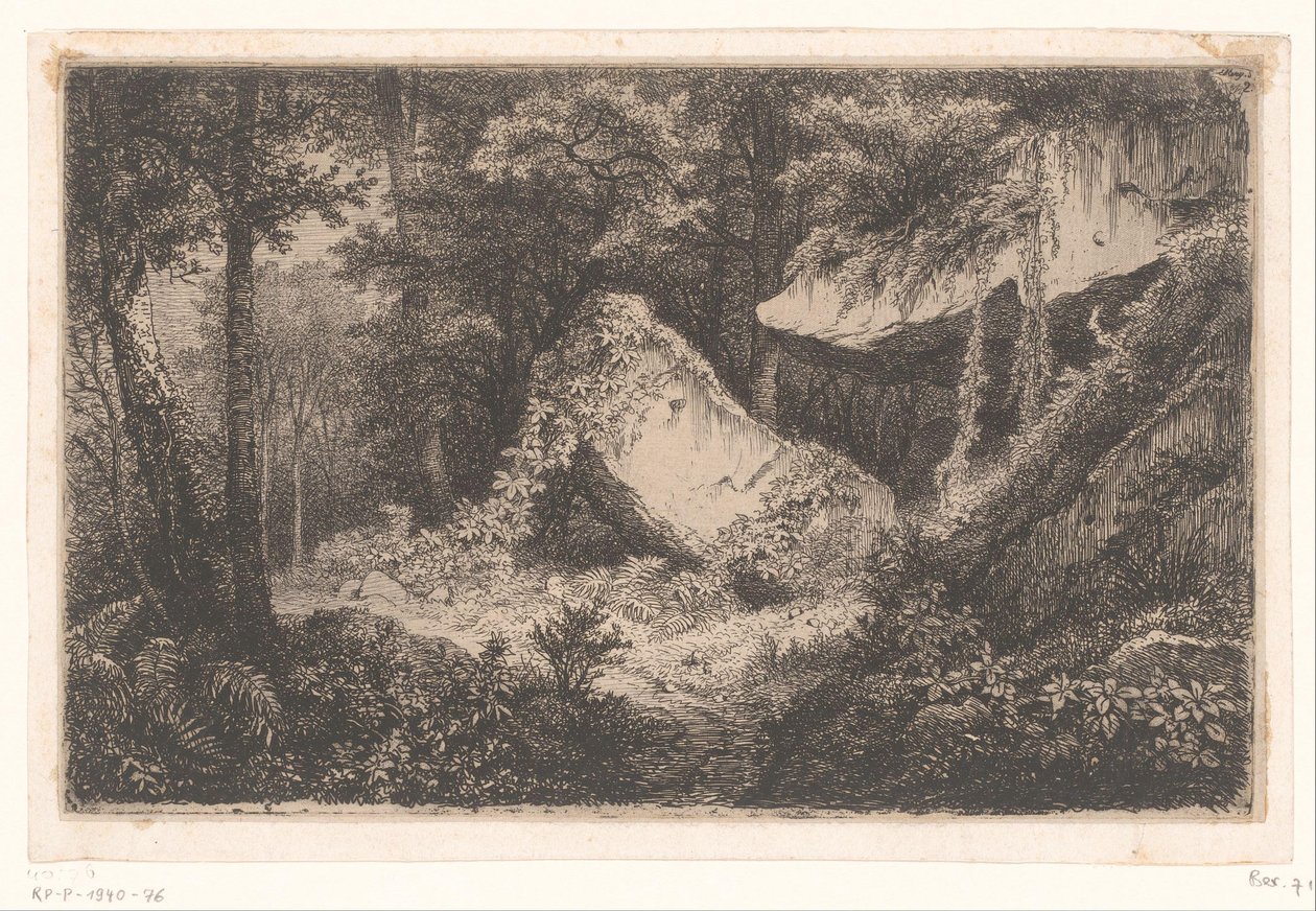 Begroeide rotsen i en bos De hvite steinene Suite med 8 etsninger gravert på naturen nær Dampierre av Eug. Bléry (serietittel) av Eugene Bléry