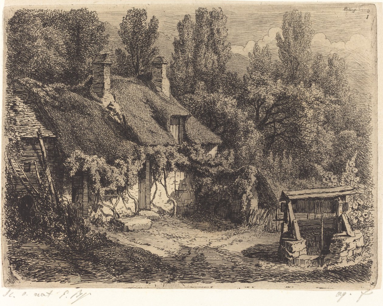 Hytte med brønn, utgitt 1849. av Eugene Bléry