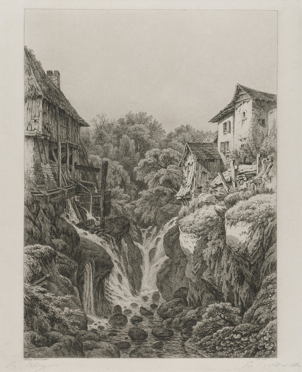 Møllen og fossen i Grésy nær Aix-les-Bains, 1856. av Eugene Bléry