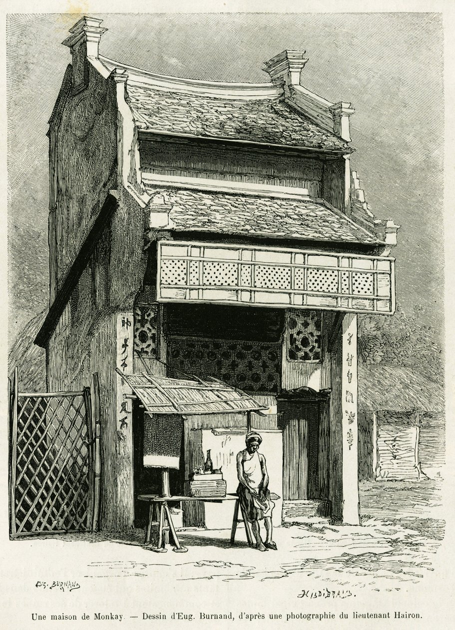 Et Monkay-hus. Gravering av Eugene Burnand, for å illustrere historien Sur les frontières du Tonkin, av doktor P.Neiss, i le tour du monde 1888, regissert av Edouard Charton (1807-1890), Hachette, Paris. av Eugene Burnand