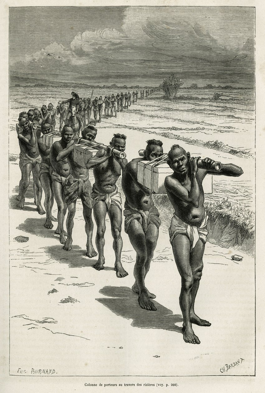 Søyle av bærere gjennom rismarkene, mellom Bassac og Hue, etset etter en tegning av Eugene Burnand, for å illustrere historien om Laos og de ville populasjonene i Indokina, av Dr. Harmand, i 1877, publisert i tour du monde, under det direkte av Eugene Burnand