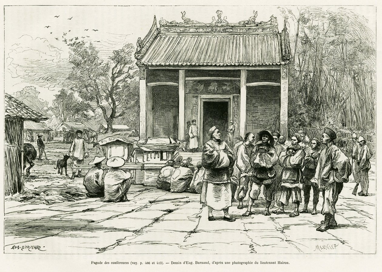 Konferansepagoden, Monkay. Gravering av Eugene Burnand, for å illustrere historien Sur les frontières du Tonkin, av doktor P.Neiss, i le tour du monde 1888, regissert av Edouard Charton (1807-1890), Hachette, Paris. av Eugene Burnand