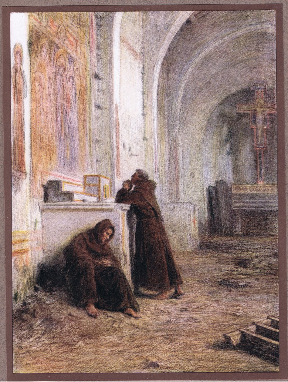 Friar Giles og hans følgesvenn besvimer av sult i en øde kirke, 1919 av Eugene Burnand