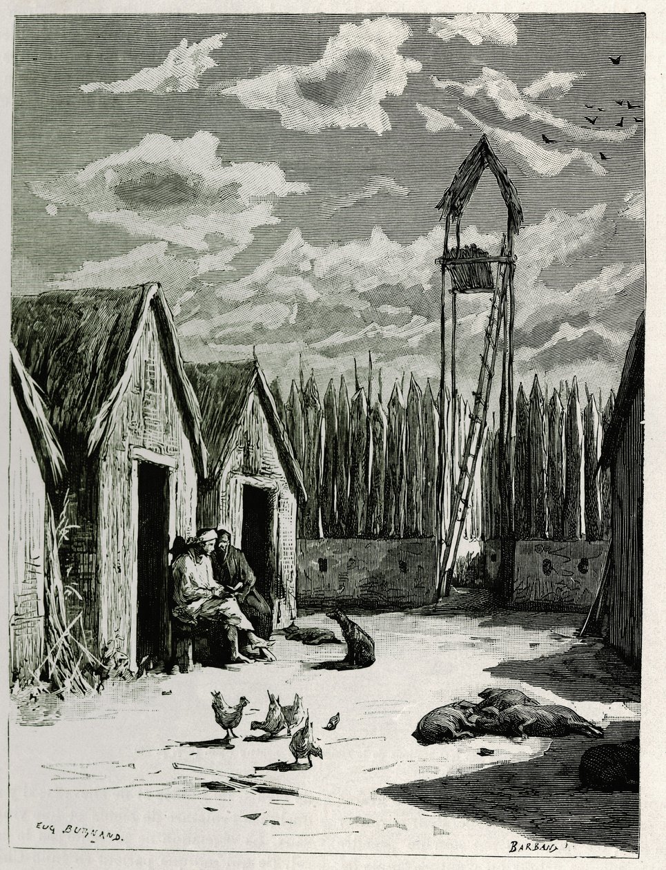 Misjonærplassen i Meuong Ngan. Gravering av Eugene Burnand, for å illustrere historien "Reise i Øvre Laos", i 1880, av Dr. P.Neis. Publisert i Le Tour du monde, nouveau journal des voyages, 2. semester 1885, redigert av Edouard Charton (1807-1890), red. av Eugene Burnand