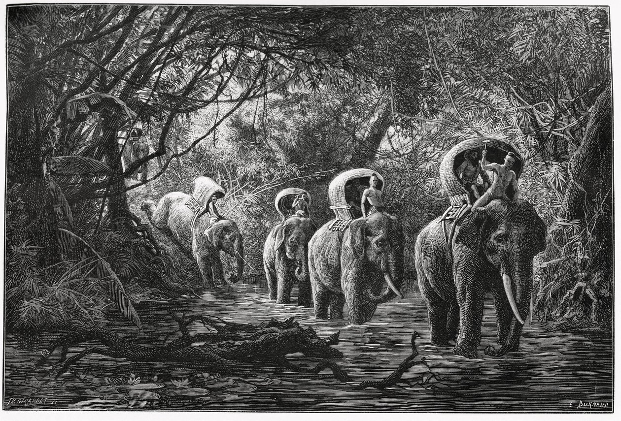 På vei inn i skogen reiser ekspedisjonen på ryggen til en elefant. Gravering av Eugene Burnand, for å illustrere historien "Reise i Øvre Laos", i 1880, av Dr. P.Neis. Publisert i Le Tour du monde, nouveau journal des voyages, 2. semester 18 av Eugene Burnand