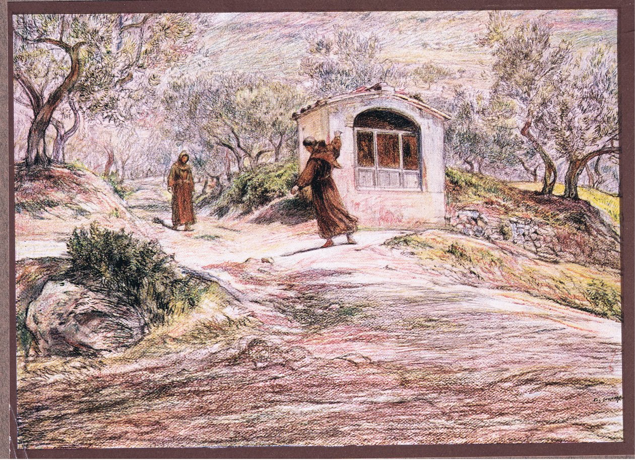 St Francis får Friar Masseo til å snu mange ganger for å finne veien han skulle gå, 1919 av Eugene Burnand