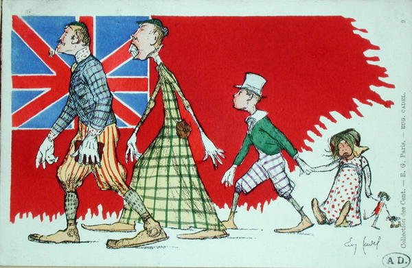 Britisk familie oppfattet av franskmennene, postkort (farge litho) av Eugene Cadel
