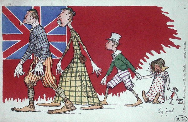 Postkort med en karikatur av en britisk familie av Eugene Cadel