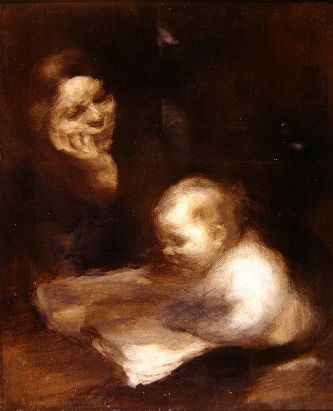 Mor og barn leser (olje på lerret) av Eugène Carrière