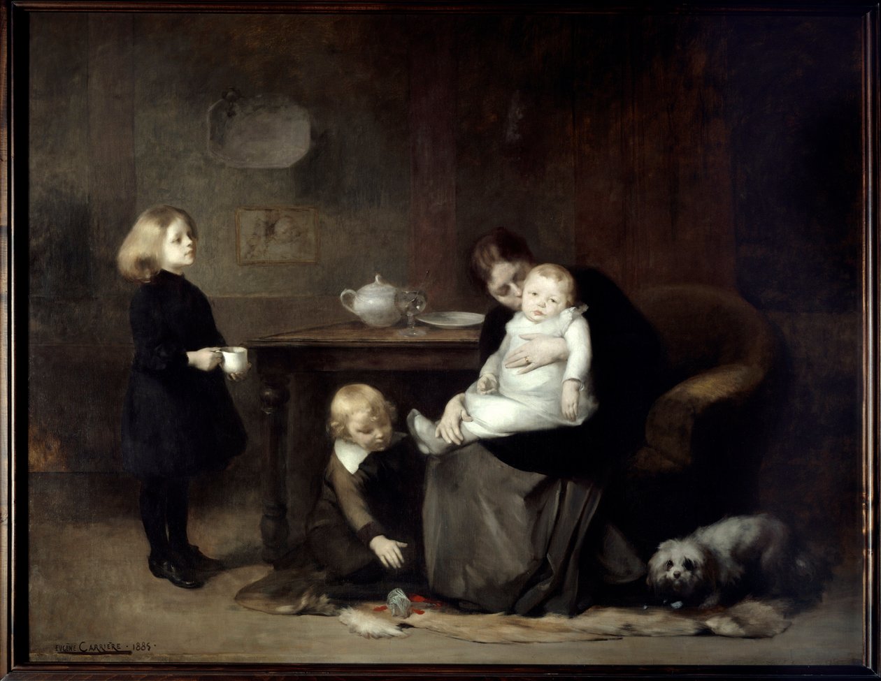 Det syke barnet En enkemor som kysser sin syke baby. Maleri av Eugene Carriere (1849-1906) 1885 Søn. 2x2,46 m Paris, musee d