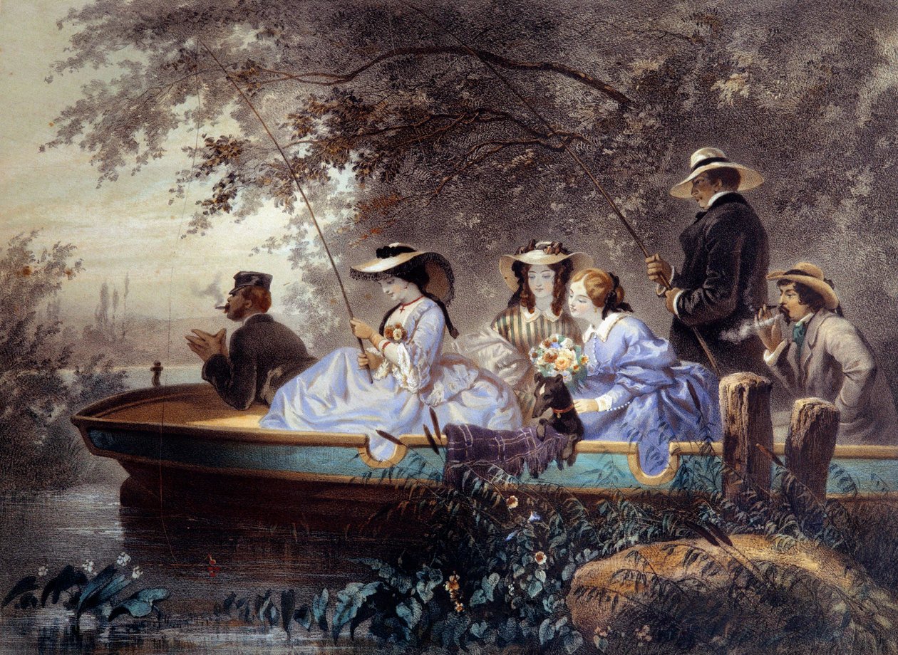 En søndag med familien, fiske i elven Litografi av Eugene Guerard (1821-1866) Paris fra 1800-tallet, Musee Carnavalet av Eugene Charles Francois Guerard