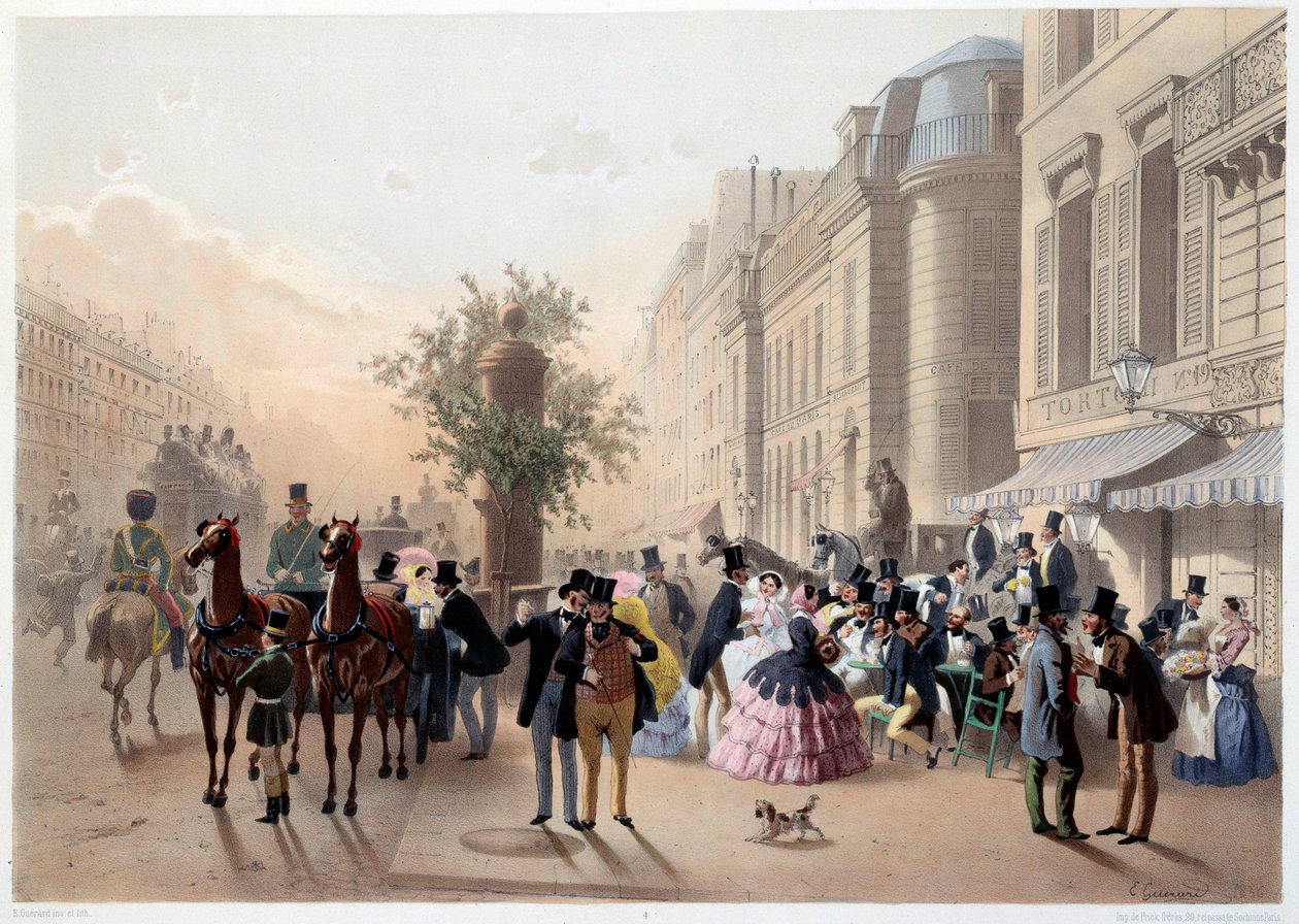 Boulevard des Italians, Cafe Tortoni i Paris på 1800-tallet Gravering av Eugene Guerard av Eugene Charles Francois Guerard