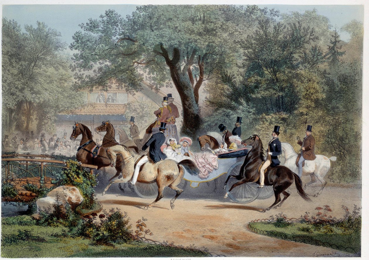 Promenadescene ved Le Pre Catelan (Pre-Catelan) i Paris Litografi av Eugene Guerard (1821-1866) Paris fra 1800-tallet, Musee Carnavalet av Eugene Charles Francois Guerard