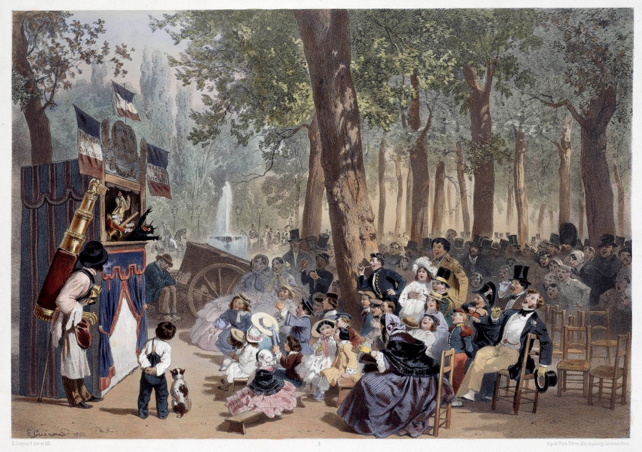 Visningen av guignolene på Champs Elysees i Paris på 1800-tallet. Trykk av Eugene Guerard (1821-1866) Paris fra 1800-tallet, Musee Carnavalet av Eugene Charles Francois Guerard