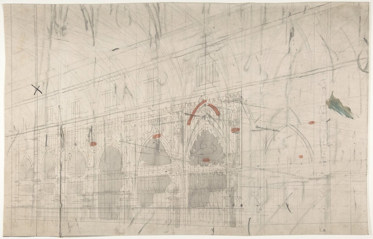 Design for et scenesett ved Opéra, Paris: Kirkens interiør, 1830-90. av Eugene Ciceri