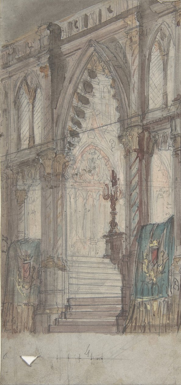 Design for et scenesett ved Opéra, Paris: Kirkens interiør, 1830-90. av Eugene Ciceri