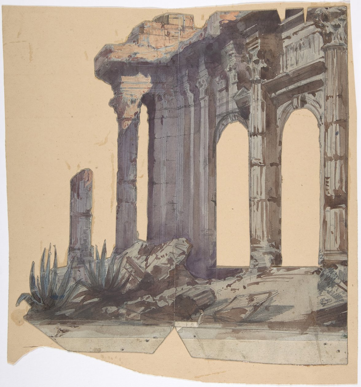 Design for et scenesett på Opéra, Paris: Columned Exterior, 1828-90. av Eugene Ciceri