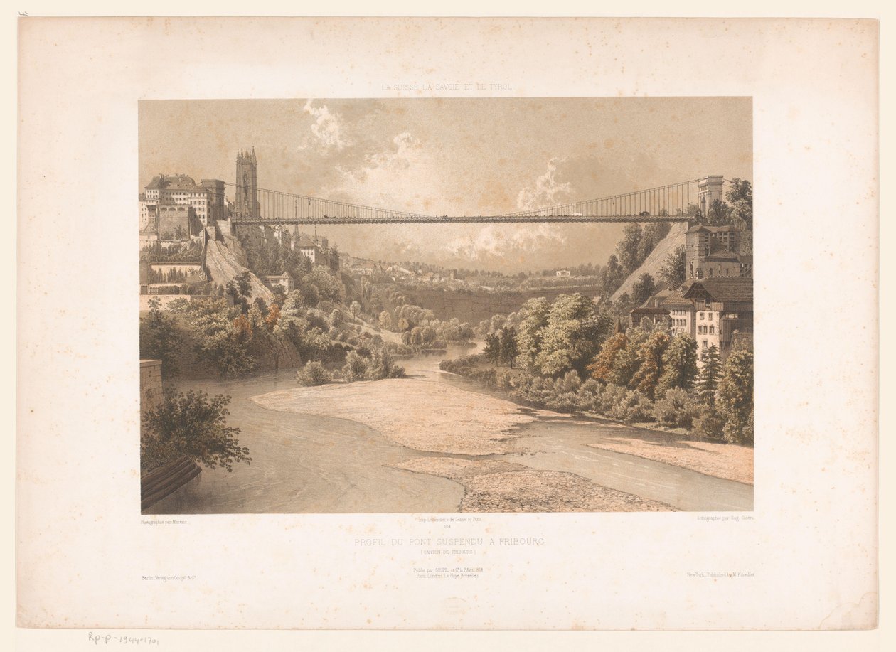 Utsikt over hengende over de Sarine, te Fribourg Sveits Savoy og Tyrol / Profil av hengebroen i Fribourg (Kanton Fribourg) (tittel på objekt) av Eugene Ciceri