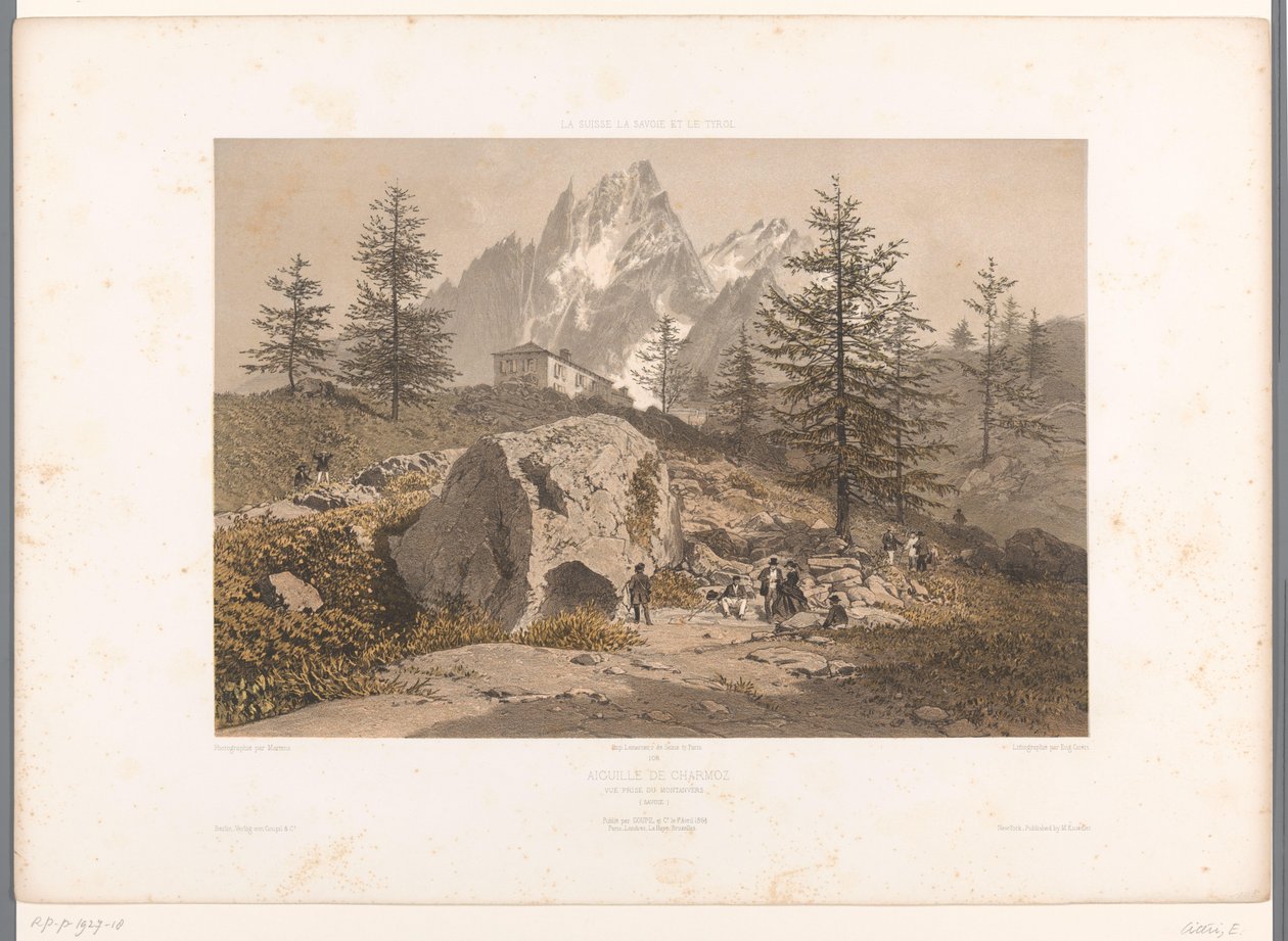 Landskap med turgåere og utsikt over Aiguille des Grands Charmoz Aiguille de Charmoz (tittel på objekt) Utsikt i Sveits, Savoy og Tyrol (serietittel) La Suisse, la Savoie et le Tyrol (serietittel på objekt) av Eugene Ciceri