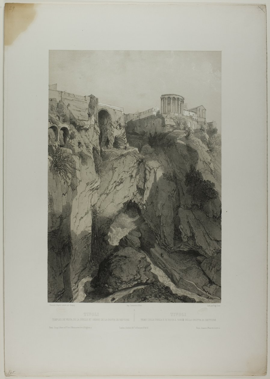 Tivoli: The Temples of Vesta and the Sibyl, and Ruins of the Grotto of Neptun, plate nitten fra Italie Monumentale et Pittoresque av Eugene Ciceri