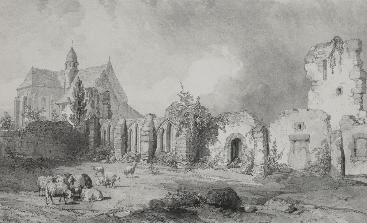 Pittoreske og romantiske reiser i det gamle Frankrike. Brittany: Abbey of Relec. av Eugene Ciceri