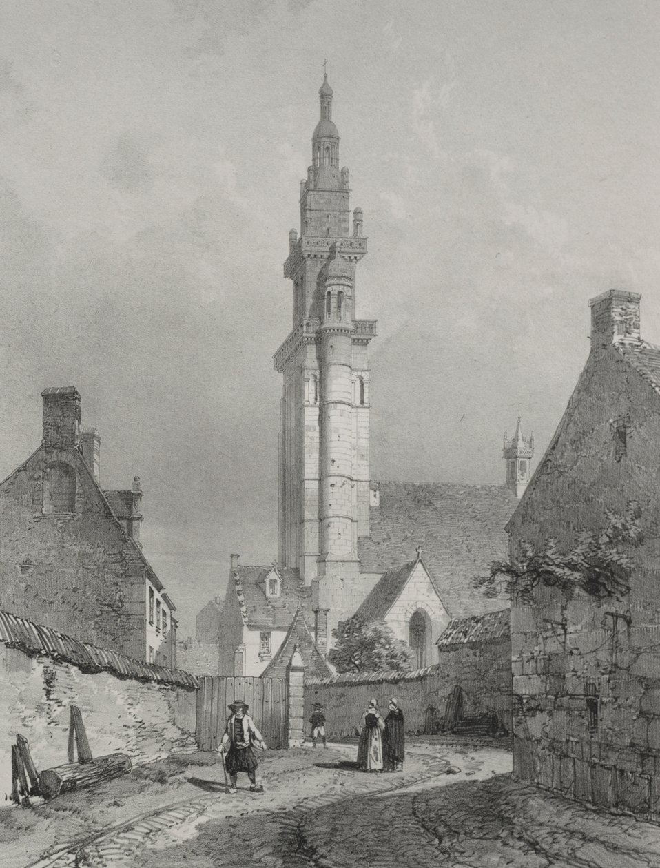 Pittoreske og romantiske reiser i det gamle Frankrike. Bretagne: Roscoff-kirken av Eugene Ciceri