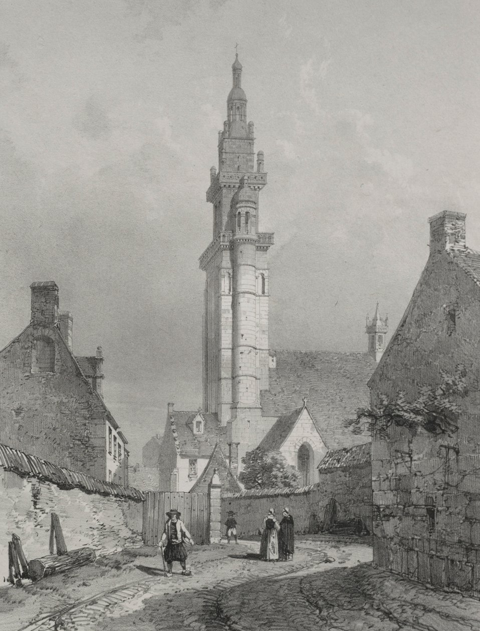 Pittoreske og romantiske reiser i det gamle Frankrike. Bretagne: Roscoff-kirken. av Eugene Ciceri
