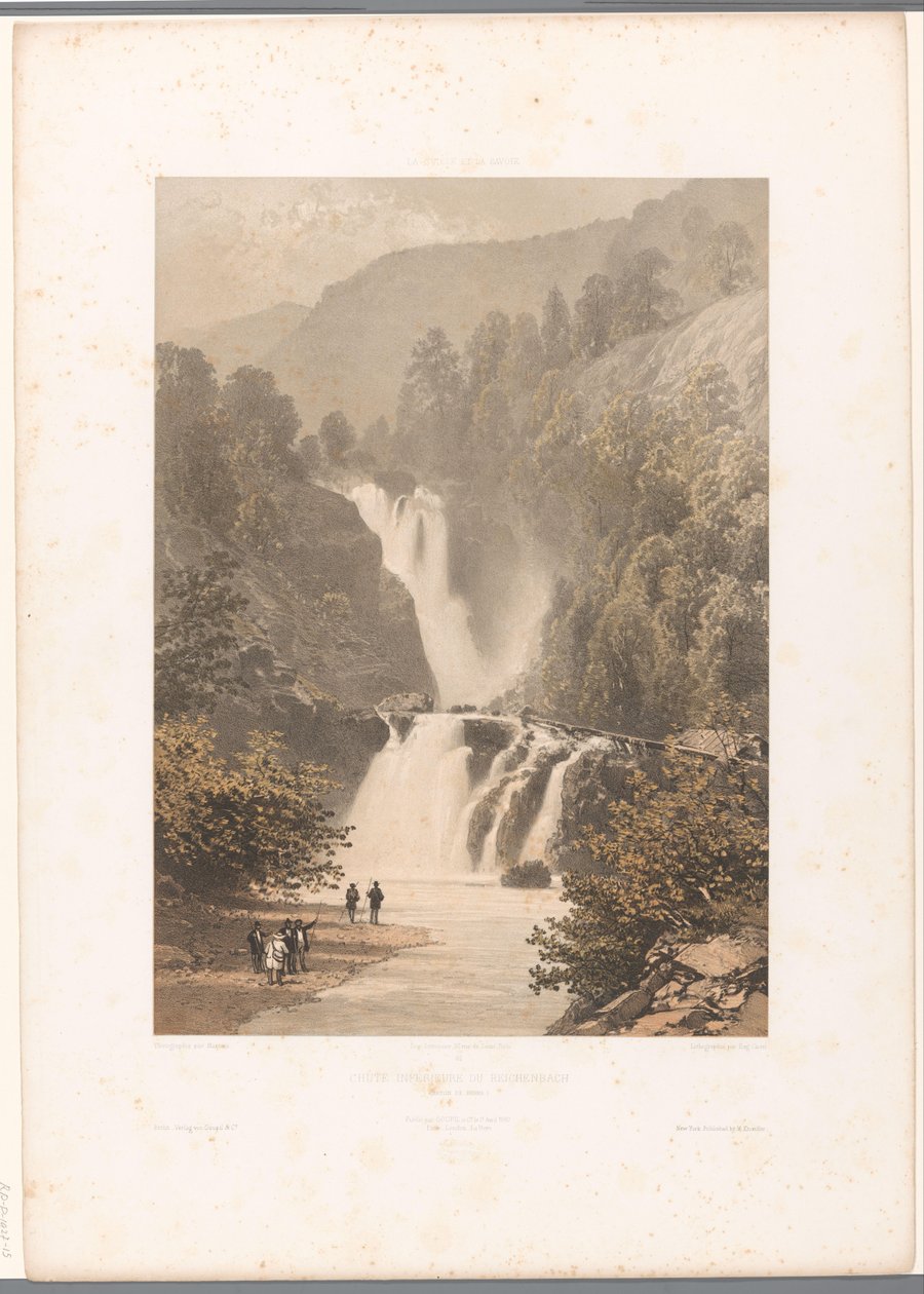 Turgåere med utsikt over Reichenbach-fossen Chûte inférieure du Reichenbach (tittel på objekt) Utsikt i Sveits og Savoy (serietittel) La Suisse et la Savoie (serietittel på objekt) av Eugene Ciceri