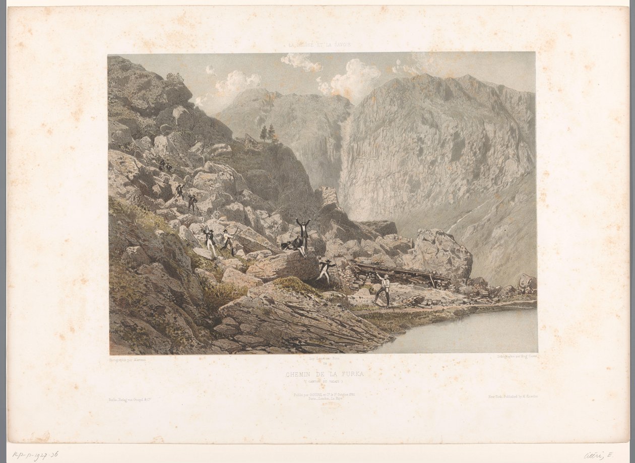 Turgåere på Furkapasset Chemin de la Furka (tittel på objekt) Ansikter i Sveits og Savoy (serietittel) La Suisse et la Savoie (serietittel på objekt) av Eugene Ciceri