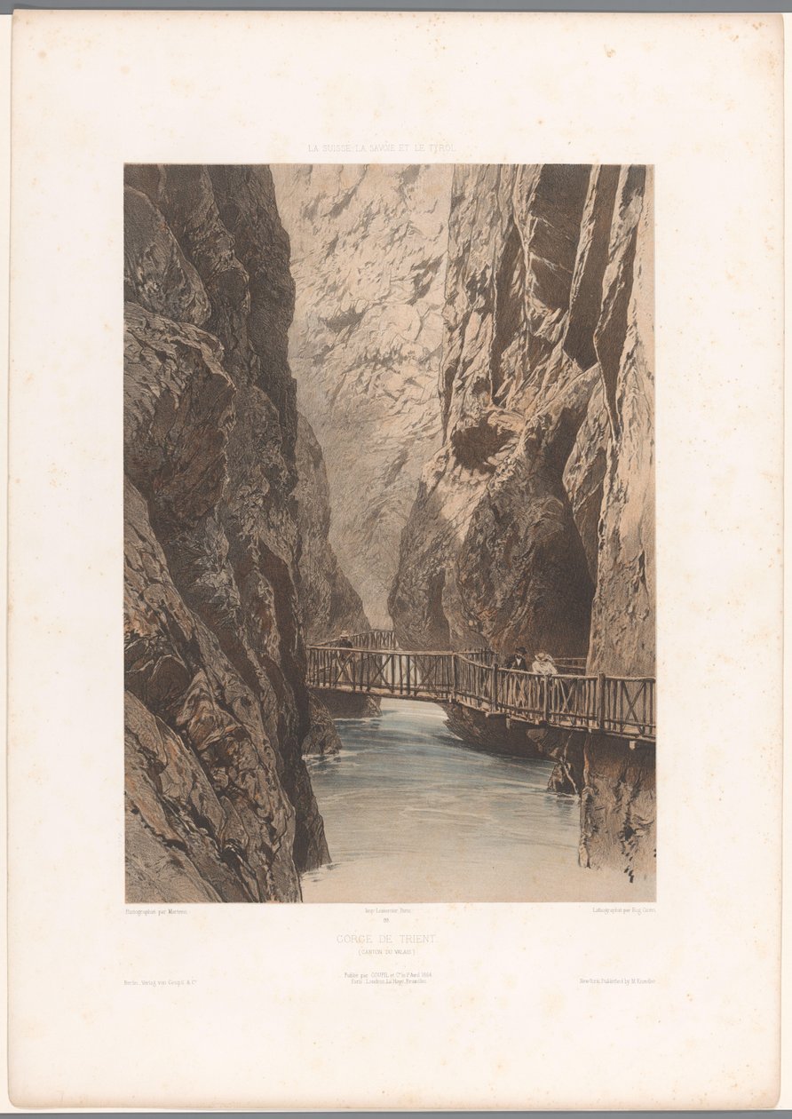 Turgåere på en bro gjennom Trientschlucht Gorge de Trient (tittel på objekt) Severdigheter i Sveits, Savoy og Tyrol (serietittel) La Suisse, la Savoie et le Tyrol (serietittel på objekt) av Eugene Ciceri