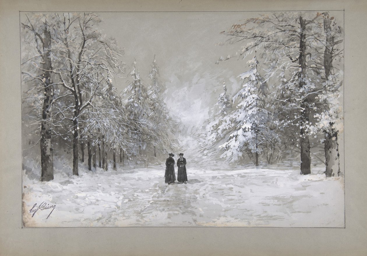 Vinterscene med to menn, 1830-90. av Eugene Ciceri