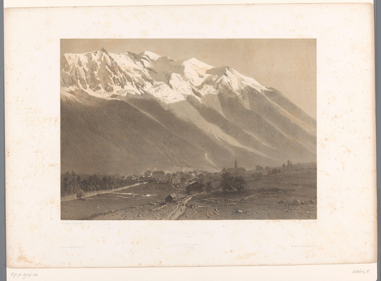 Utsikt over Chamonix ved foten av Mont Blanc Le Mont Blanc et Chamonix (tittel på objekt) La Suisse et la Savoie (serietittel) Ansikter i Sveits og Savoy (serietittel på objekt) av Eugene Ciceri