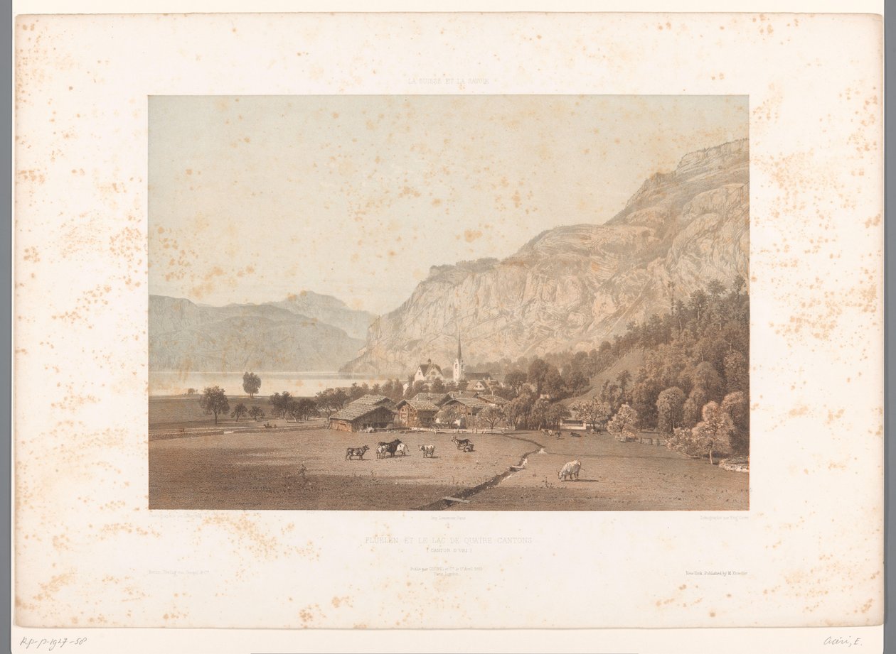 Utsikt over Flüelen ved Vierwaldstättersee Flüelen et le lac de Quatre Cantons (tittel på objekt) Ansikter i Sveits og Savoy (serietittel) La Suisse et la Savoie (serietittel på objekt) av Eugene Ciceri