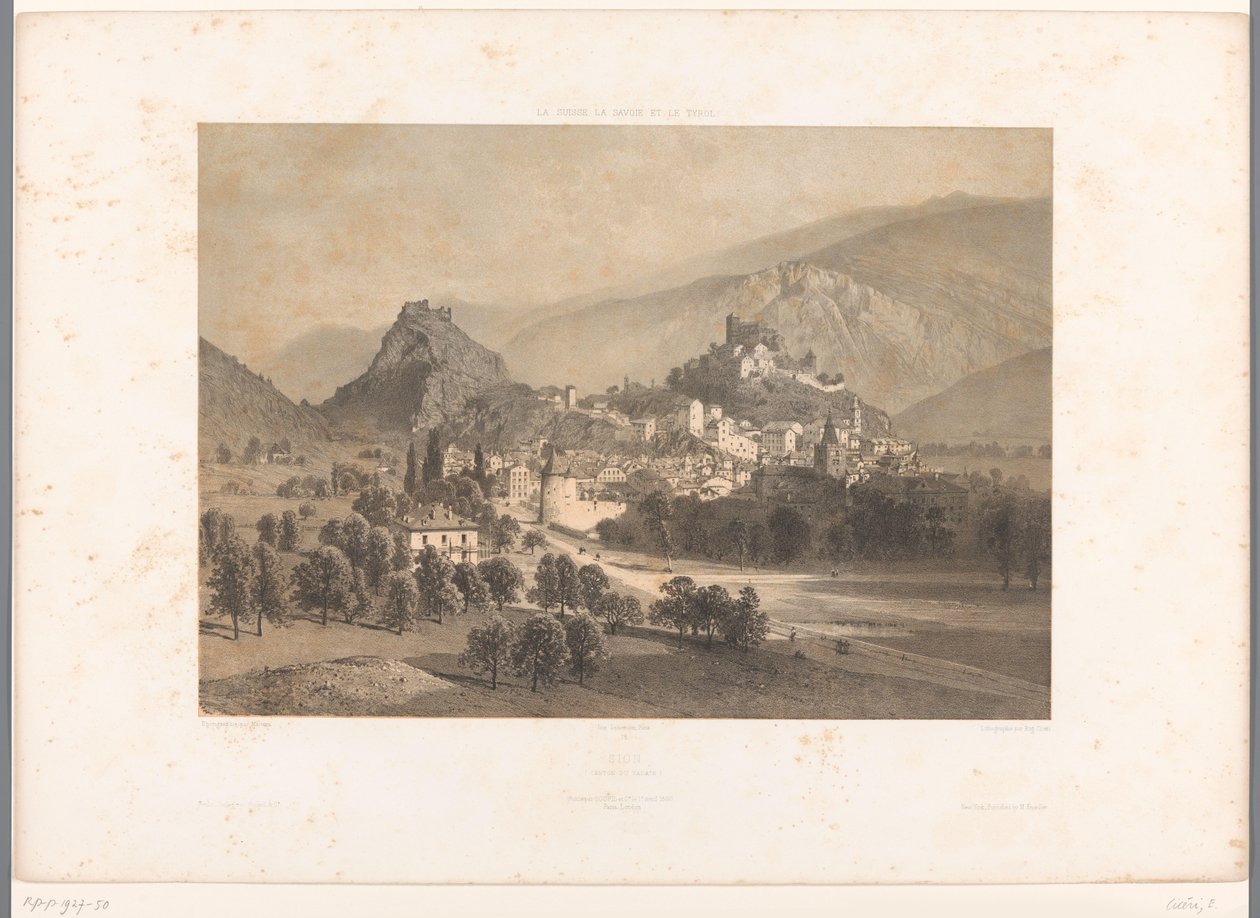 Utsikt over Sion i Rhone-dalen Sion (tittel på objekt) Severdigheter i Sveits, Savoy og Tyrol (serietittel) La Suisse, la Savoie et le Tyrol (serietittel på objekt) av Eugene Ciceri