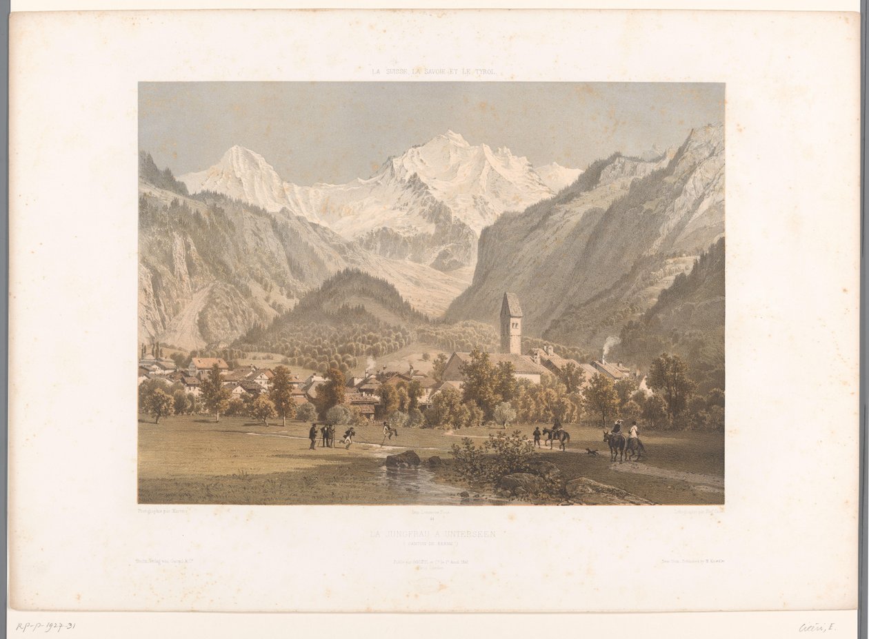 Utsikt over Unterseen og Jungfrau La Jungfrau à Unterseen (tittel på objekt) Ansikter i Sveits, Savoy og Tyrol (serietittel) La Suisse, la Savoie et le Tyrol (serietittel på objekt) av Eugene Ciceri
