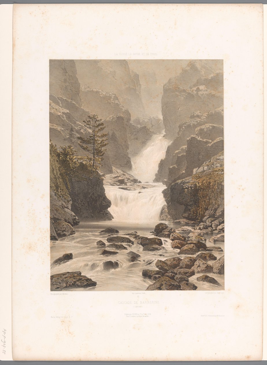 Utsikt over Barberine-fossen ved Vallorcine Cascade de Barberine (tittel på objekt) Utsikt i Sveits, Savoy og Tyrol (serietittel) La Suisse, la Savoie et le Tyrol (serietittel på objekt) av Eugene Ciceri