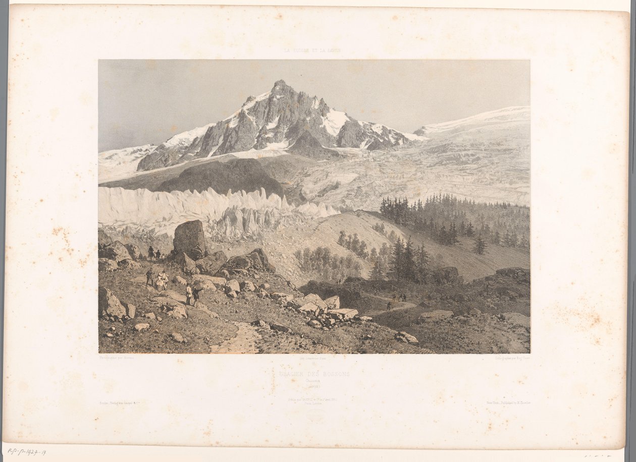 Utsikt over Bossons-breen i Chamonix-dalen Glacier des Bossons, Chamonix (tittel på objekt) Ansikter i Sveits og Savoy (serietittel) La Suisse et la Savoie (serietittel på objekt) av Eugene Ciceri