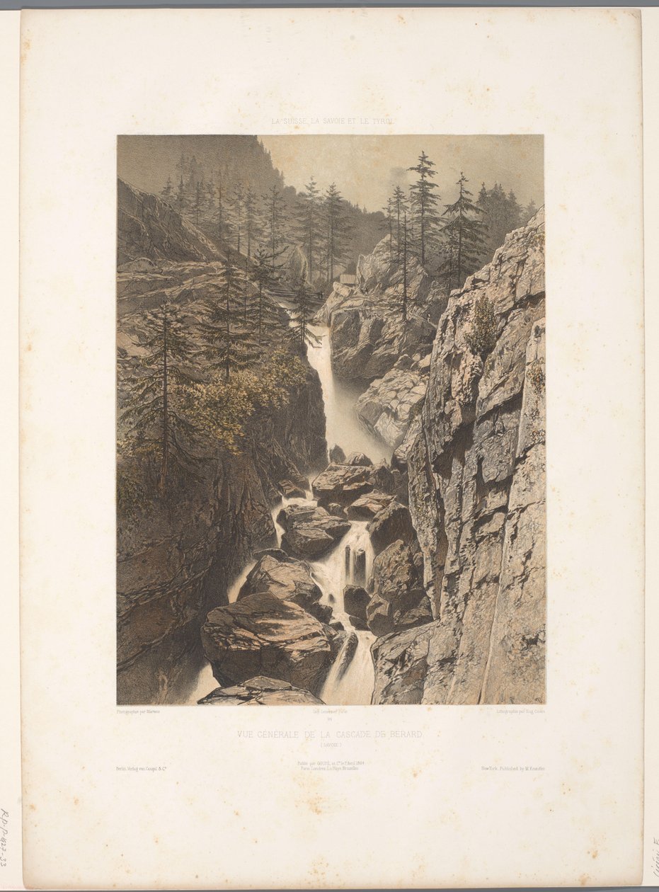 Zicht op de Bérard-waterval Generell utsikt over Cascade de Bérard (tittel på objekt) Gezichten i Sveits, Savoy in Tirol (serietittel) Sveits, Savoy og Tyrol (serietittel på objekt) av Eugene Ciceri