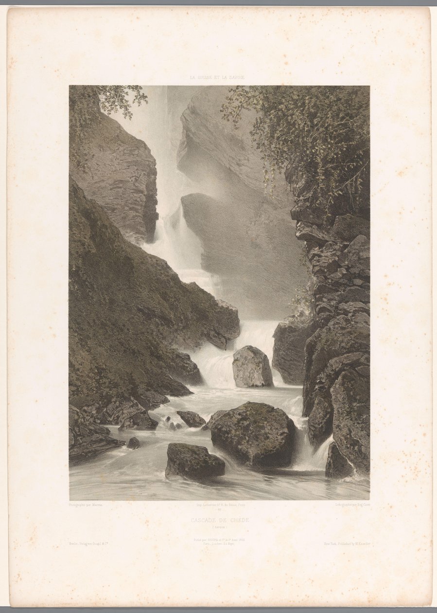 Utsikt over Chède-fossen Cascade de Chède (tittel på objekt) La Suisse et la Savoie (serietittel) Ansikter i Sveits og Savoy (serietittel på objekt) av Eugene Ciceri