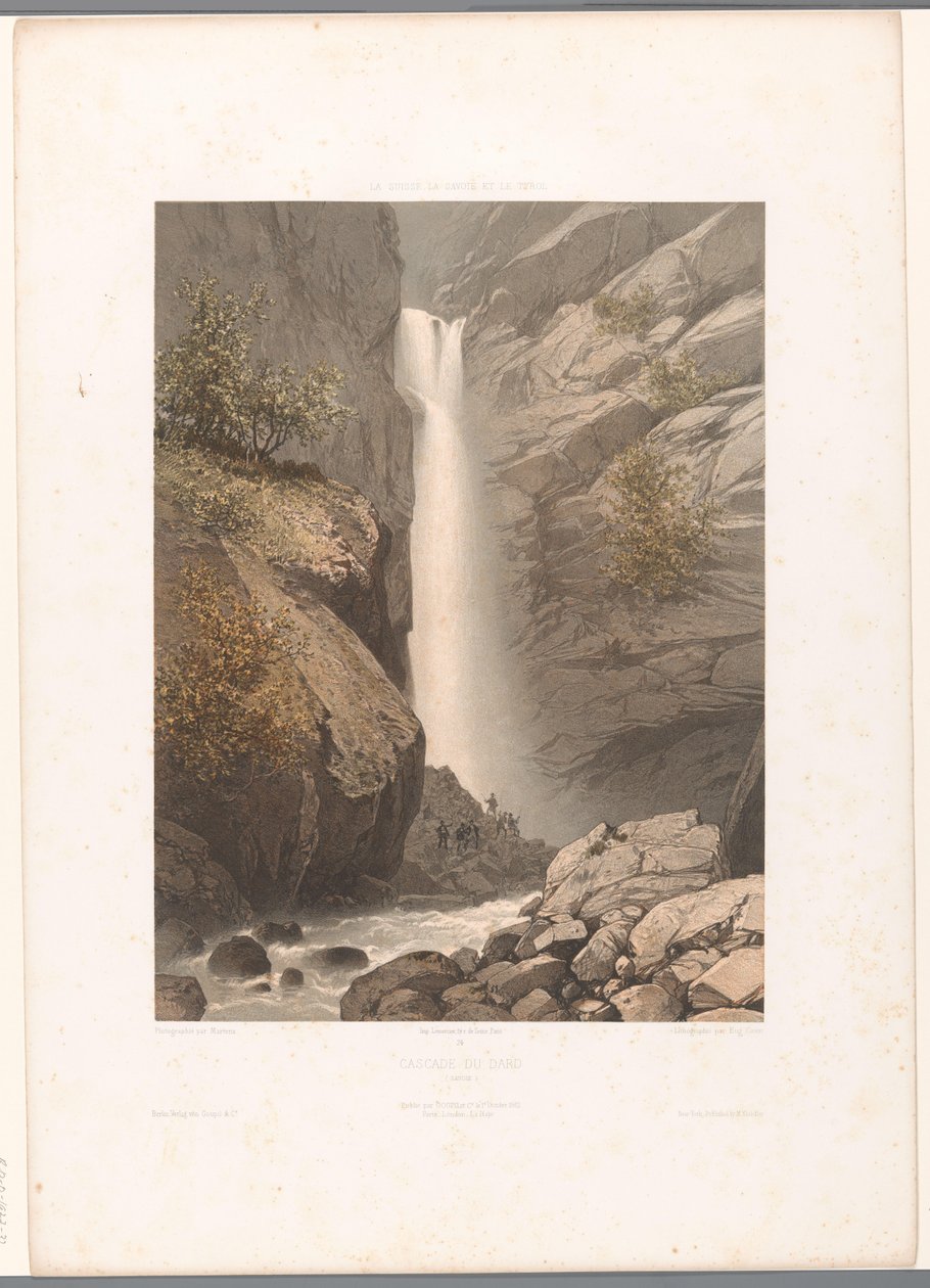 Utsikt over Dard-fossen Cascade du Dard (tittel på objekt) Ansikter i Sveits, Savoy og Tyrol (serietittel) La Suisse, la Savoie et le Tyrol (serietittel på objekt) av Eugene Ciceri