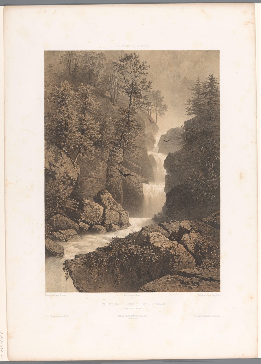 Utsikt over Reichenbach-fossen Chûte, inferior du Reichenbach (tittel på objekt) Ansikter i Sveits og Savoy (serietittel) La Suisse et la Savoie (serietittel på objekt) av Eugene Ciceri