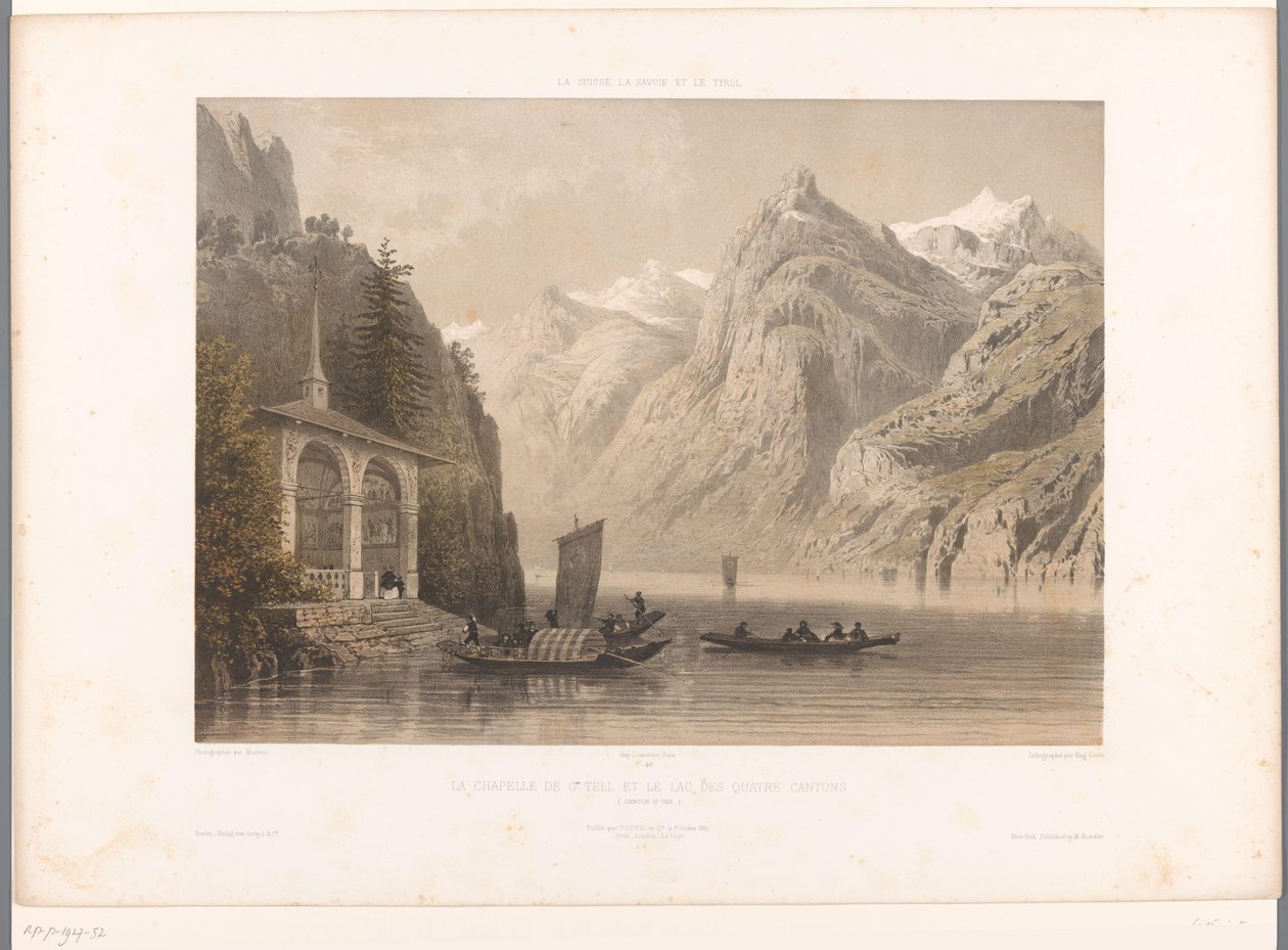Utsikt over Tells-kapellet ved Vierwaldstättersee La Chapelle de G.me Tell et le lac des Quatre-Cantons (tittel på objekt) Utsikt i Sveits, Savoy og Tyrol (serietittel) La Suisse, la Savoie et le Tyrol (serietittel på objekt) av Eugene Ciceri