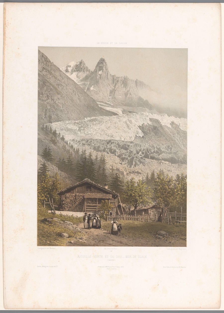 Utsikt over fjelltoppene Aiguille Verte og Dru og isbreen Mer-de-Glace Aiguille verte et du Dru - Mer de Glace (tittel på objekt) Ansikter i Sveits og Savoy (serietittel) La Suisse et la Savoie (serietittel på objekt) av Eugene Ciceri