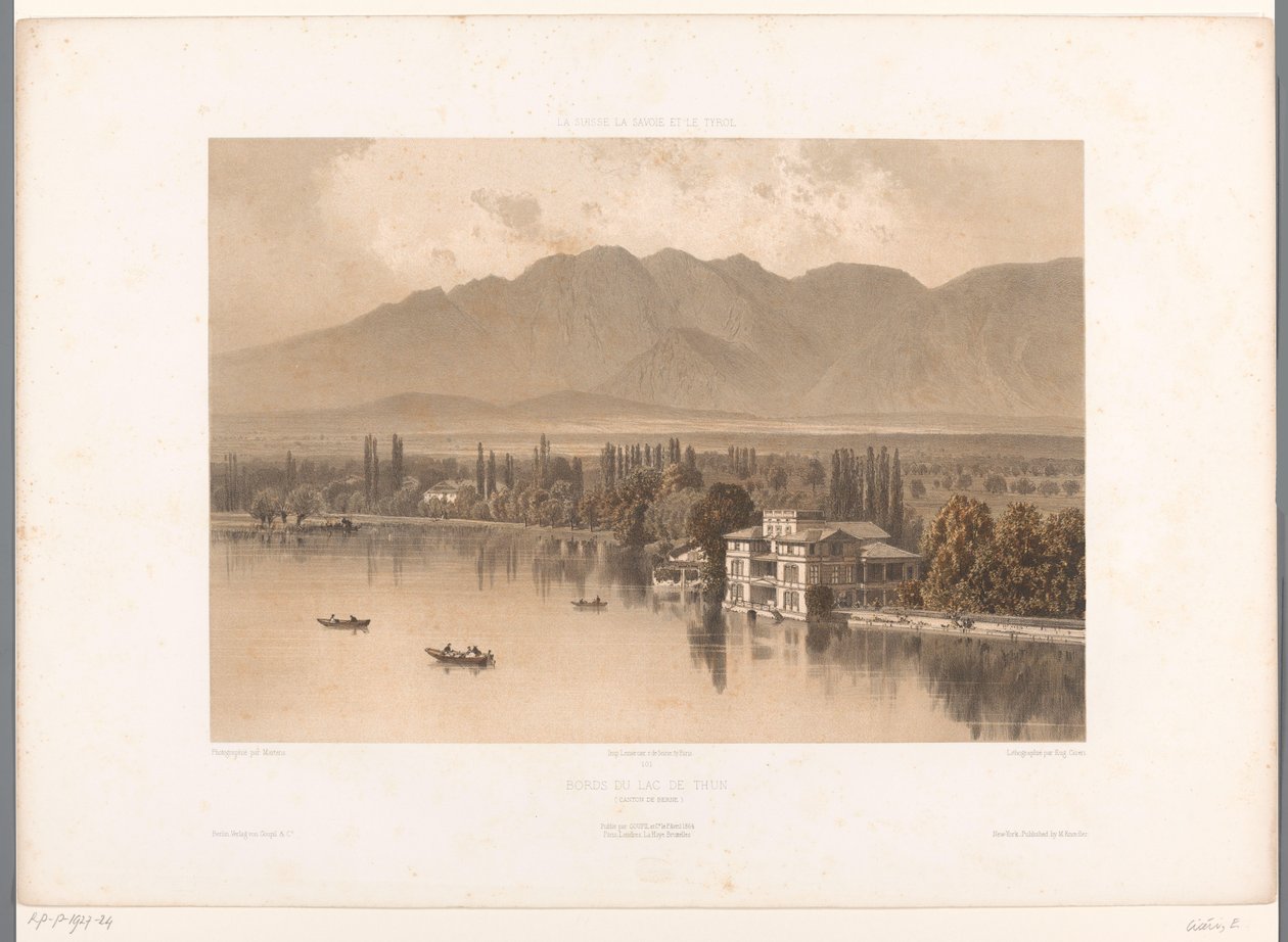 Utsikt over bredden av innsjøen Thun Bords du Lac de Thun (tittel på objekt) Severdigheter i Sveits, Savoy og Tyrol (serietittel) La Suisse, la Savoie et le Tyrol (serietittel på objekt) av Eugene Ciceri