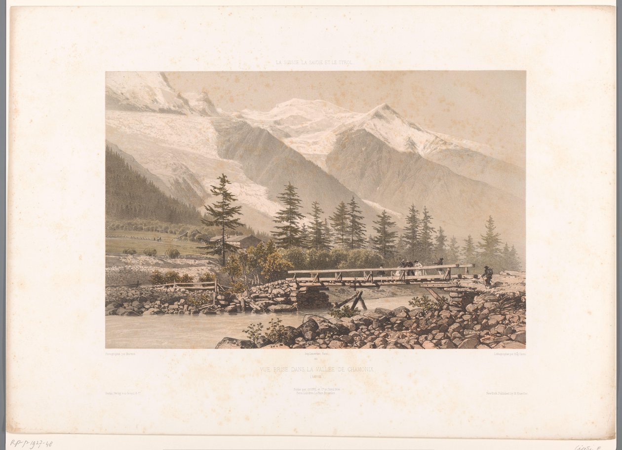 Utsikt over Chamonix-dalen med elven Arve Vue-pris dans la Vallée de Chamonix (tittel på objekt) Severdigheter i Sveits, Savoy og Tyrol (serietittel) La Suisse, la Savoie et le Tyrol (serietittel på objekt) av Eugene Ciceri
