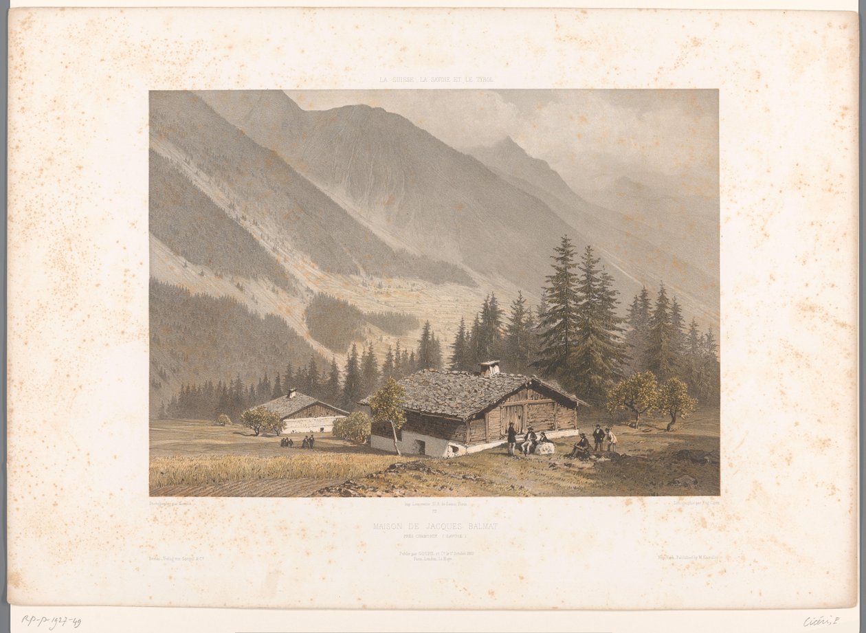 Utsikt over Jacques Balmats hus nær Chamonix Maison de Jacques Balmat (tittel på objekt) Ansikter i Sveits, Savoy og Tyrol (serietittel) La Suisse, la Savoie et le Tyrol (serietittel på objekt) av Eugene Ciceri