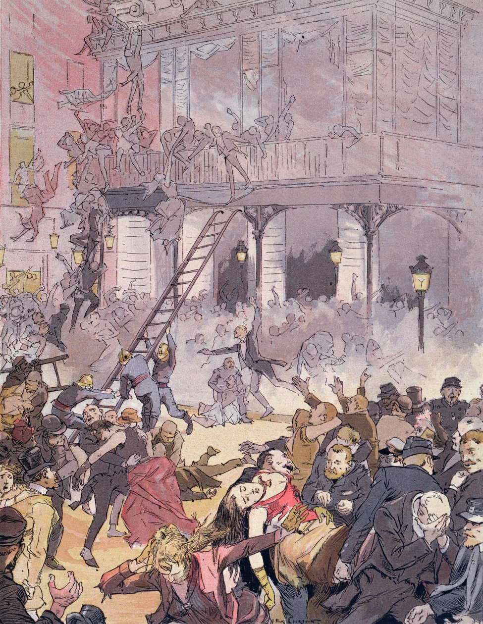 Brann ved Opera Comique, 25. mai 1887 (farge litho) av Eugene Courboin
