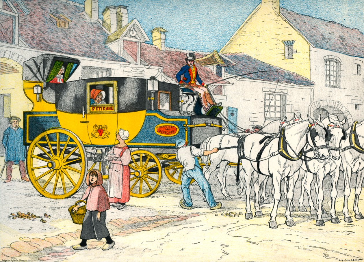 Postvogn ved et vognhus i 1840 av Eugene Courboin